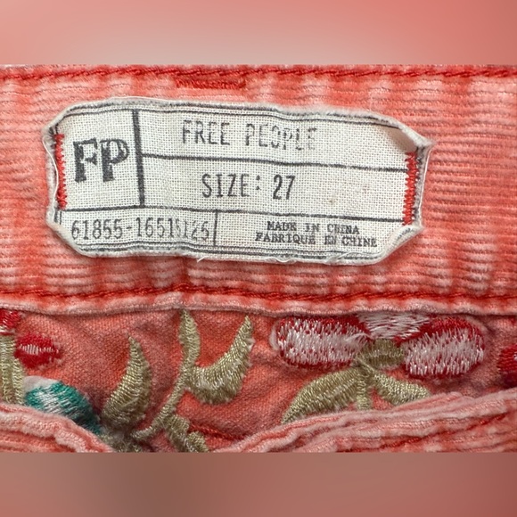 Free People Womens Orange Peach Corduroy Ankle Pants Floral Embroidered Size 27 - Picture 4 of 9